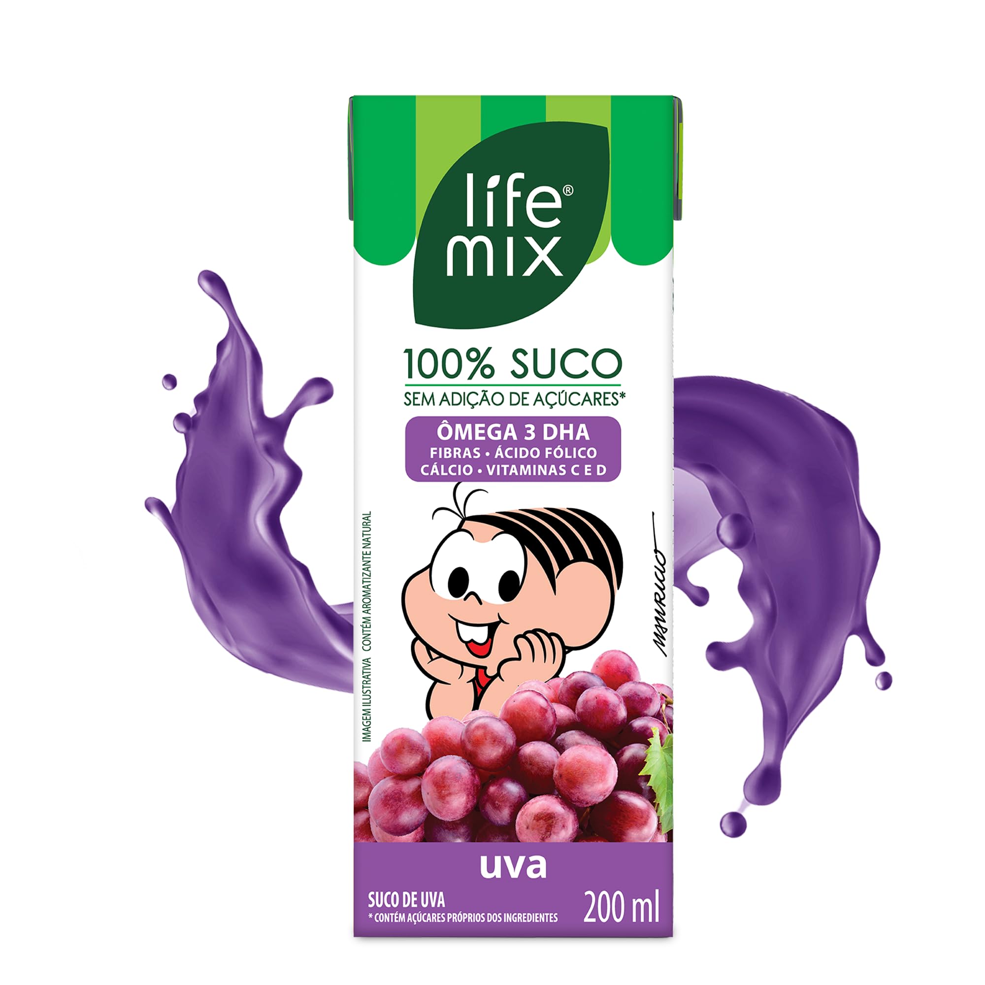 LIFE MIX Turma da Mônica - Suco de Uva em Caixinha - 100% Suco, Sem Adição de Açúcares, Sem Conservantes e Corantes, Ômega 3 DHA, Vitaminas C e D, Cálcio, Fibras - Vegano - 200ml
