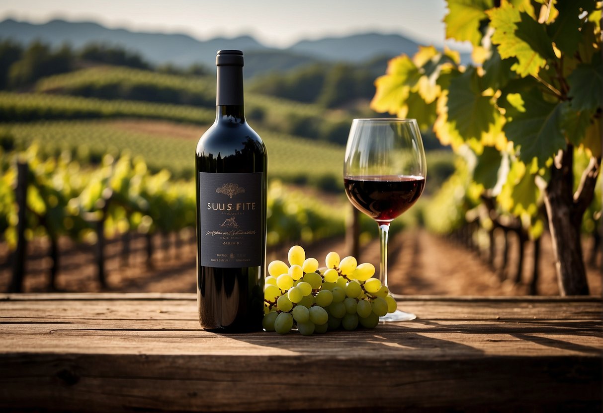 A bottle of sulfite-free wine sits on a rustic wooden table, surrounded by clusters of ripe grapes and a vineyard in the background
