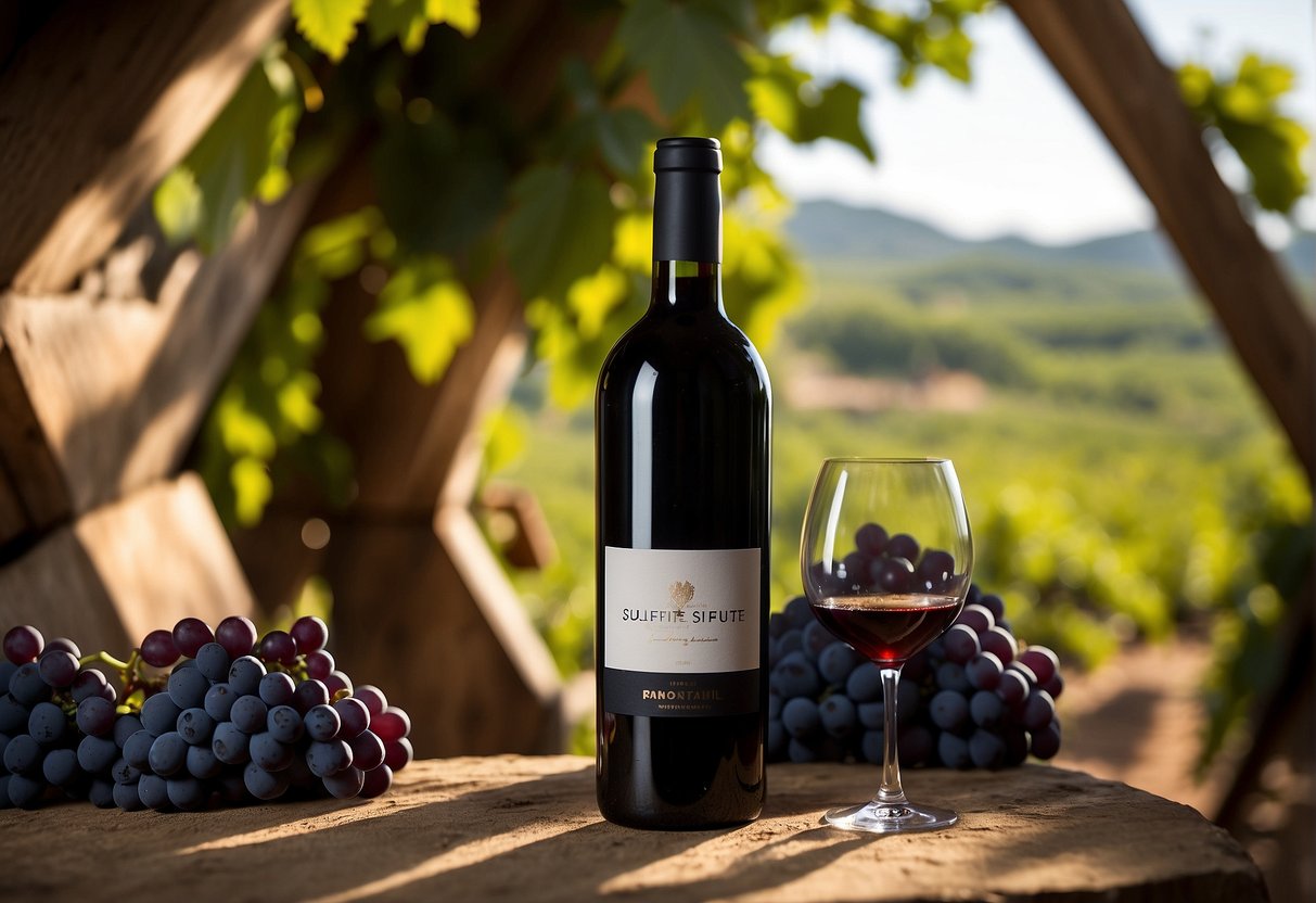 A bottle of sulfite-free wine with a label in Portuguese, surrounded by grape vines and a rustic wine cellar in the background