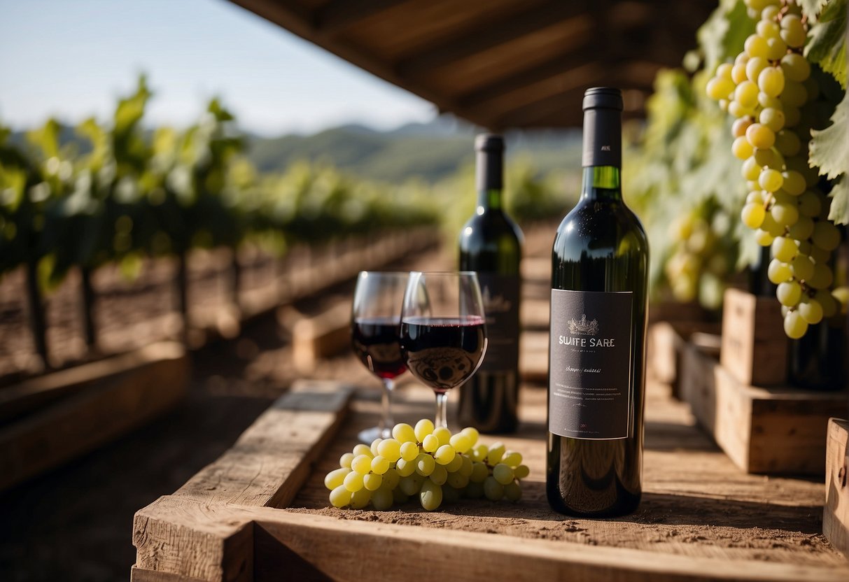 A vineyard with ripe grapes being harvested, crushed, and fermented in a clean, modern winery, with bottles of sulfite-free wine being carefully sealed and labeled for preservation