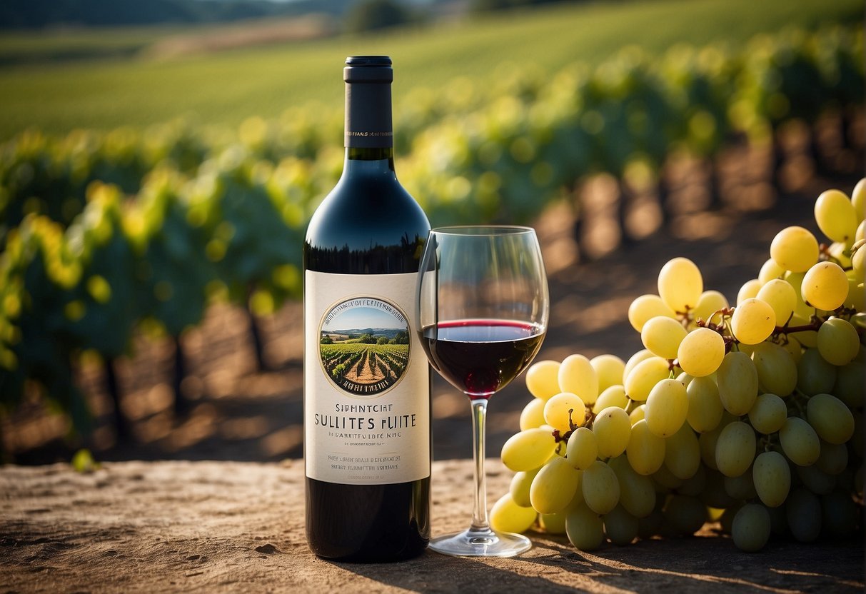 A vineyard with a bottle of wine labeled "sulphite-free" surrounded by organic certification logos
