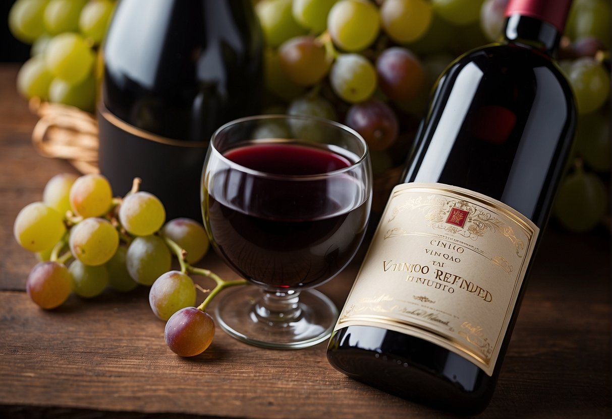 A bottle of red wine with a label reading "Vinho Tinto: O Mais Recomendado?" surrounded by grapes and a wine glass