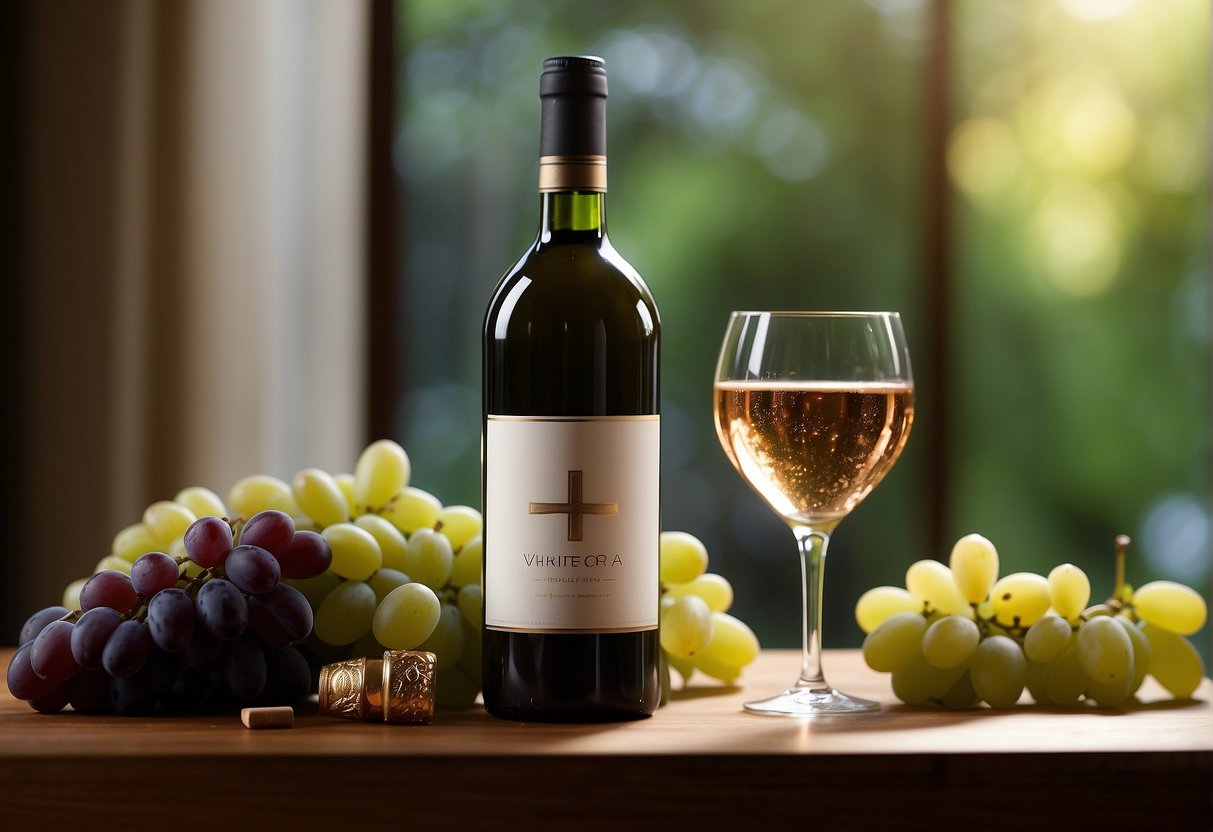 A table set with a bottle of white and rosé wine, surrounded by fresh grapes and a glass. A medical cross symbol in the background