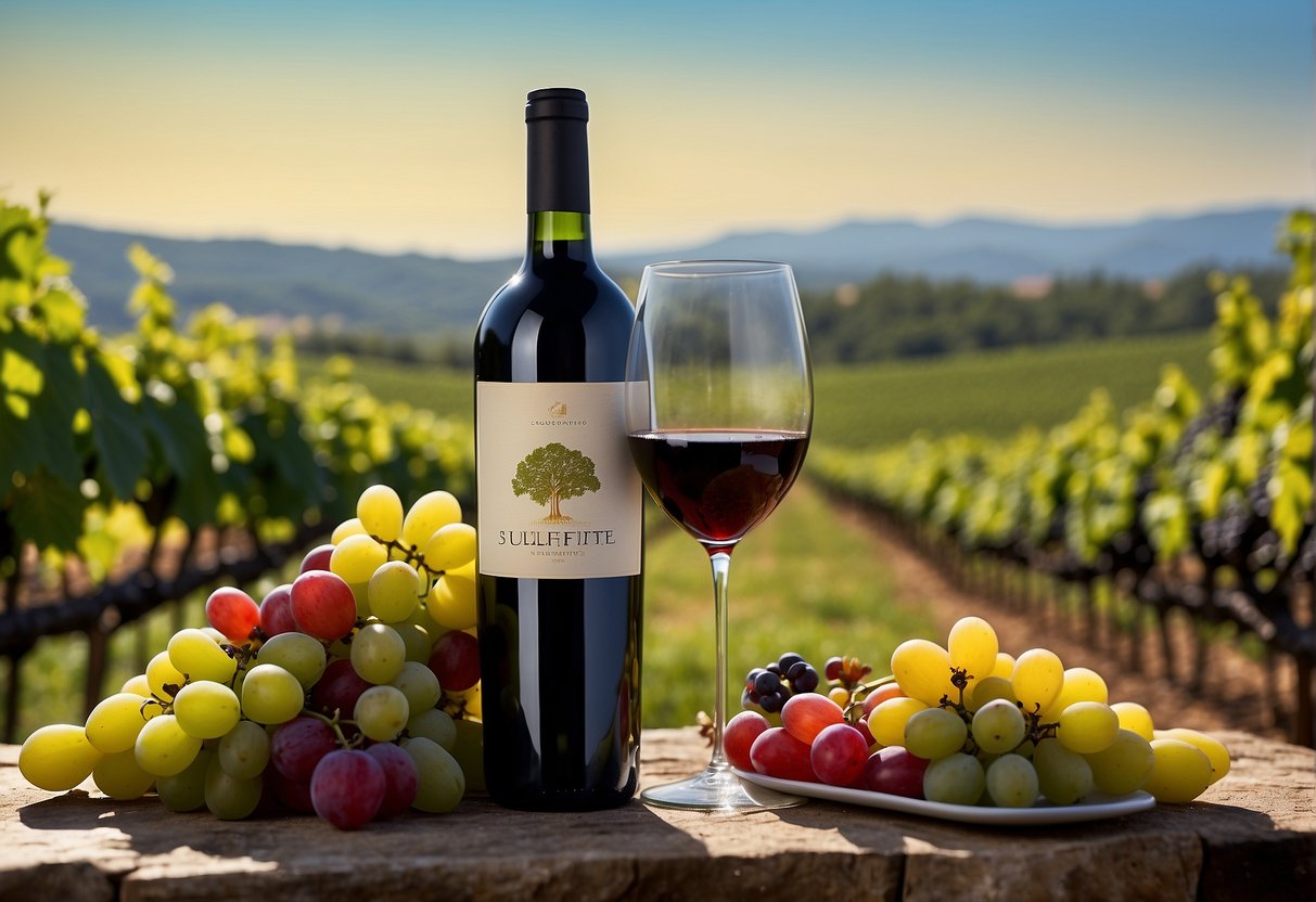 A bottle of sulfite-free wine surrounded by fresh grapes and a variety of colorful fruits, with a backdrop of lush vineyards and a clear blue sky