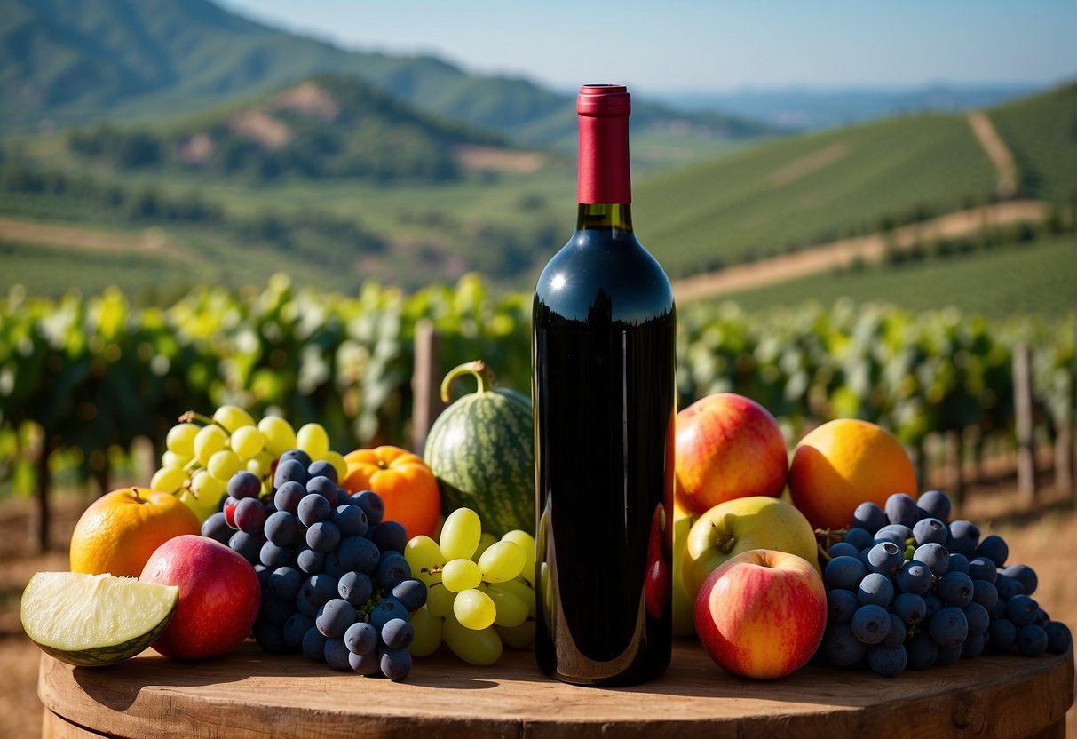 A bottle of red wine surrounded by a variety of colorful fruits and vegetables, with a backdrop of lush vineyards and rolling hills