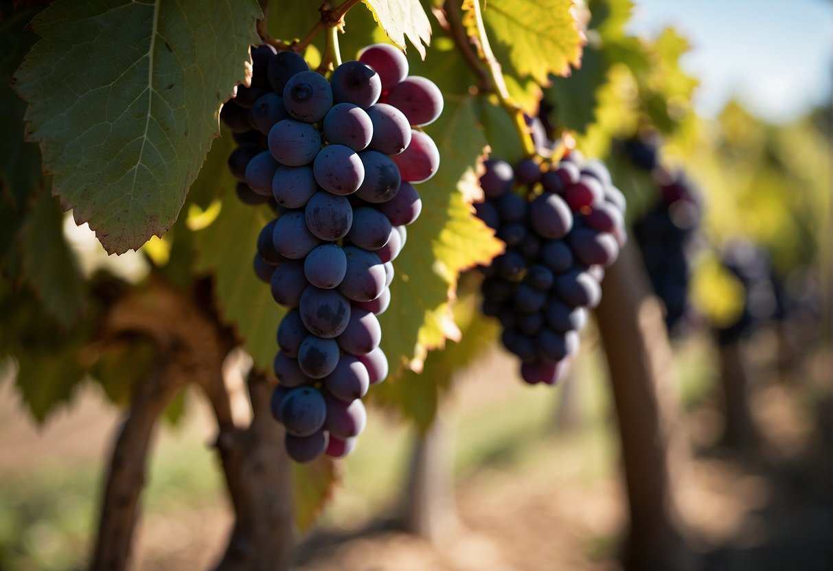 Grapes being harvested and processed for winemaking. A variety of grapes in different stages of production, from vine to barrel