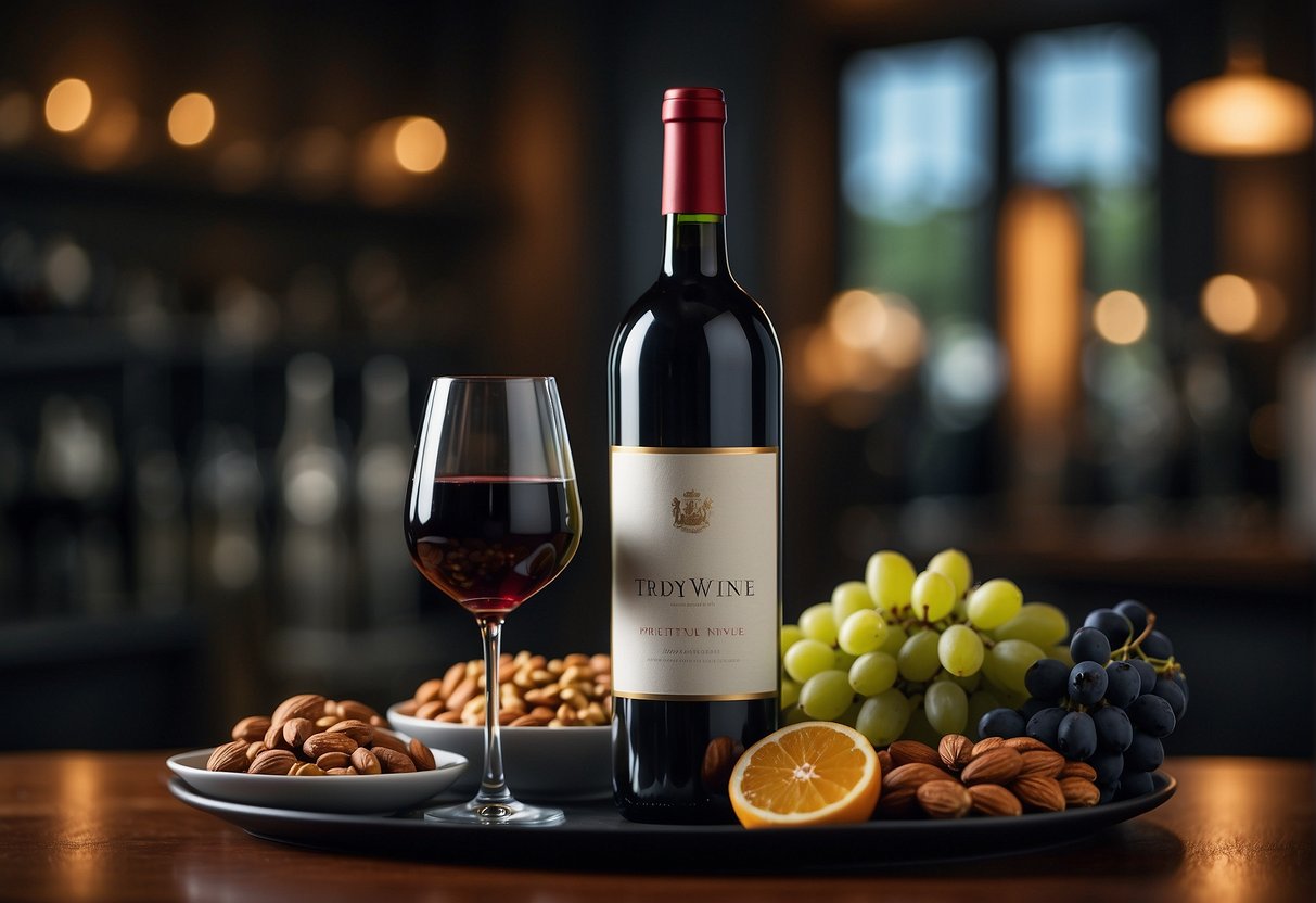 A bottle of red wine sits next to a glass filled with a moderate amount of wine. A plate of healthy foods, such as fruits and nuts, is placed nearby